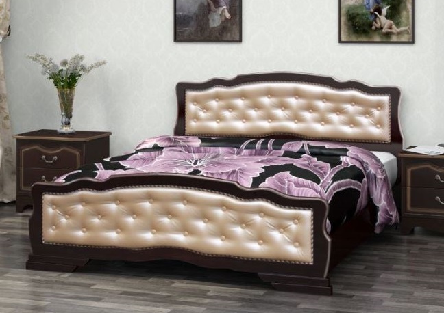 Кровать двуспальная Карина-10 (СМ 140х200) с элементами светлой экокожи, без основания с универсальн ( 140х200 , дерево/МДФ , орех темный , без подъемного мех. , без ящиков , без матраса (Браво-мебель) )